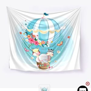 Elephant zebra and giraffe in hot air balloon tapestry